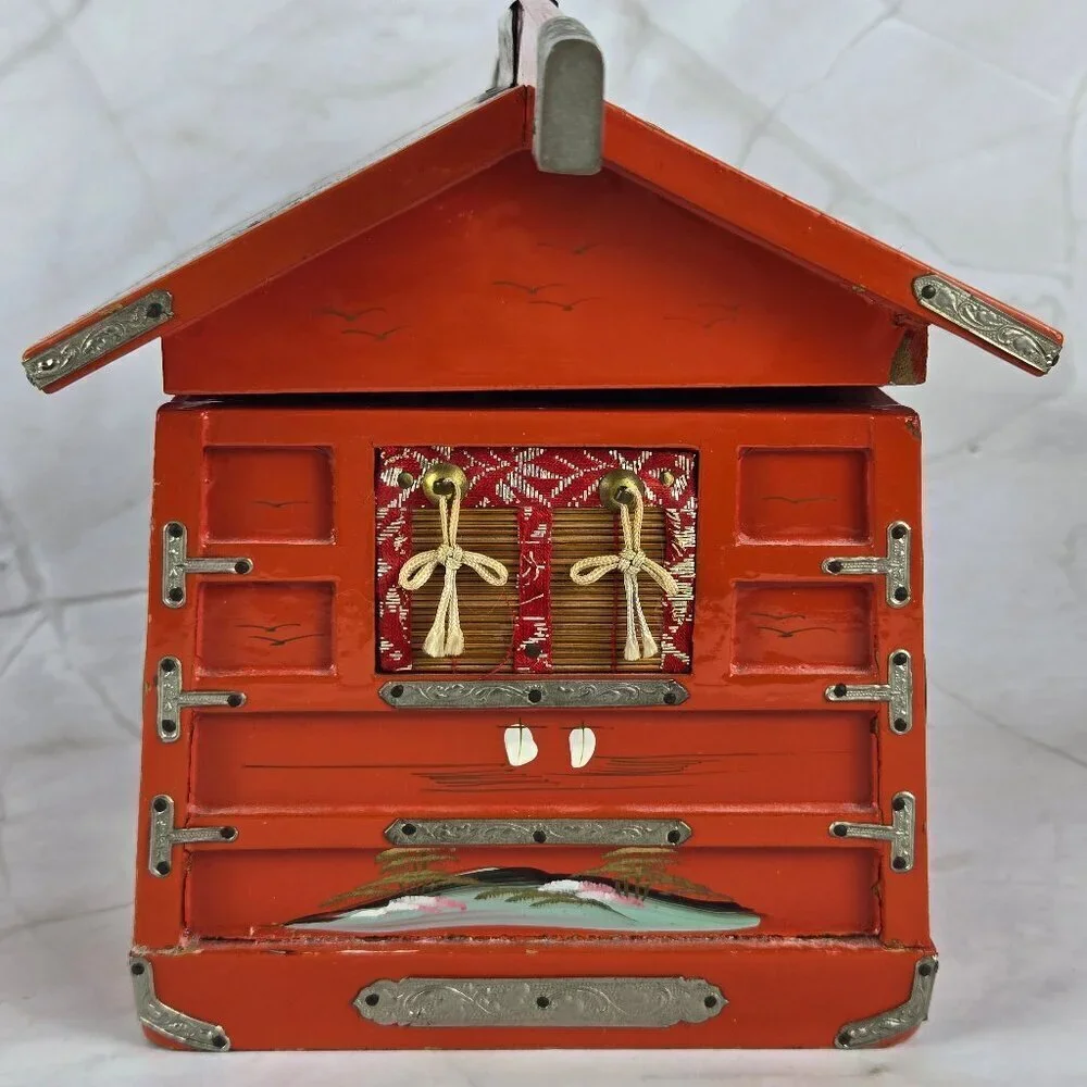 Vintage Japanese Hand Painted Jewelry Box Hinged Lid Side Drawer Wooden